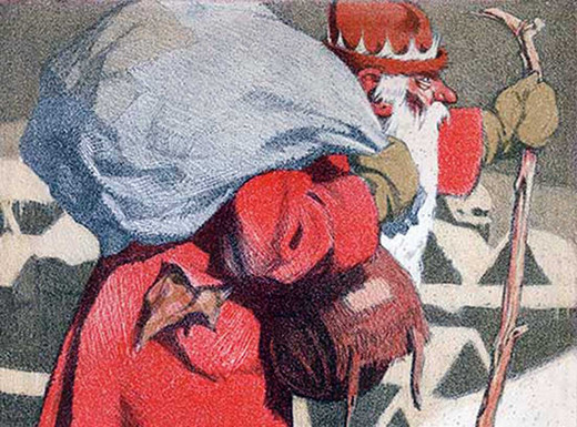 Hermann Bek-Gran: Pelzmärtel in Schneelandschaft, Farblithographie, um 1910. Fotoaufnahme der Museen der Stadt Nürnberg, Kunstsammlungen. Die Abbildung zeigt eine Farblithographie des Künstlers Hermann Bek-Gran von 1912. Zu sehen ist der Pelzmärtel mit langem weißem Bart. Er trägt einen roten Mantel und hält einen langen Holzstab in der linken Hand. Über der rechten Schulter liegt ein großer, grauer Sack. Die Figur trägt grob gemusterte Schuhe und steht auf einer schneebedeckten Fläche. Im Hintergrund sind schneebedeckte Häuser als geometrische Muster in gedeckten Farben zu erkennen.