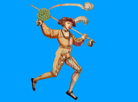 Keyvisual zur Sonderausstellung „Fastnacht" im Germanischen Nationalmuseum. Die Abbildung zeigt das Keyvisual zur Sonderausstellung „Fastnacht" im Germanischen Nationalmuseum. Das Bild zeigt eine historische Illustration einer Person in bunter Renaissancekleidung auf blauem Hintergrund. Die Figur ist in Bewegung, sie läuft nach rechts und trägt einen langen Stock über der linken Schulter. In der rechten Hand hält sie einen fächerähnlichen Gegenstand aus grünen Blättern. Die Person trägt eine Feder im Hut und hat einen konzentrierten Gesichtsausdruck.