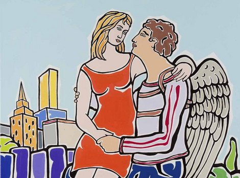 Moritz Götze: Amor & Psyche am Rande der Stadt. Öl auf Leinwand, 2024. Privatbesitz Moritz Götze; Foto: Michael Klehm; © VG Bild-Kunst, Bonn 2025. Die Abbildung zeigt das Werk "Amor & Psyche am Rande der Stadt". Der Künstler Moritz Götze schuf es mit Ölfarben auf Leinwand im Jahr 2024. Es zeigt eine Frau und einen Mann mit umgehengten Engelsflügeln sich umarmend und sitzend auf einer Mauer. Die Personen tragen moderne Kleidung, auf dem Boden liegt Müll, aber auch ein Bogen und ein Köcher mit Pfeilen. Der Stil wirk pop-artig und bunt. Die Fotoaufnahme stammt von Michael Klehm.