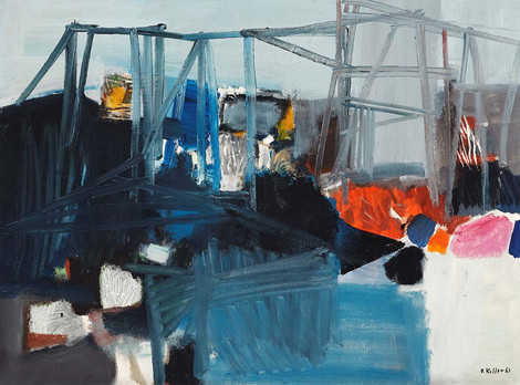 Oskar Koller: Am Meer, 1963, Fotoaufnahme von Annette Kradisch, © VG Bild-Kunst, Bonn 2025. Die Abbildung zeigt das Werk "Am Meer" von Oskar Koller aus dem Jahr 1963. Das Bild zeigt ein abstraktes Gemälde mit kräftigen Farben und dynamischen Formen. Dominant sind Blau- und Türkistöne, durchzogen von schwarzen Flächen und grauen, gerüstähnlichen Strukturen. Im rechten Bereich leuchten auffällige Akzente in Orange, Rot und Pink, die einen starken Kontrast schaffen. Die Malweise ist expressiv, mit breiten Pinselstrichen und überlagernden Farbflächen, wodurch ein Eindruck von Bewegung und Energie entsteht. Die Fotoaufnahme stammt von Annette Kradisch.